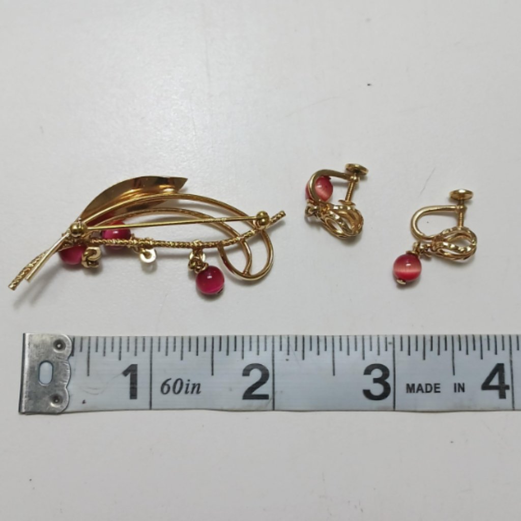 Vintage Amco 14k Gold Filled Jewelry Set; Broach & Earrings; Glass; 9.5g